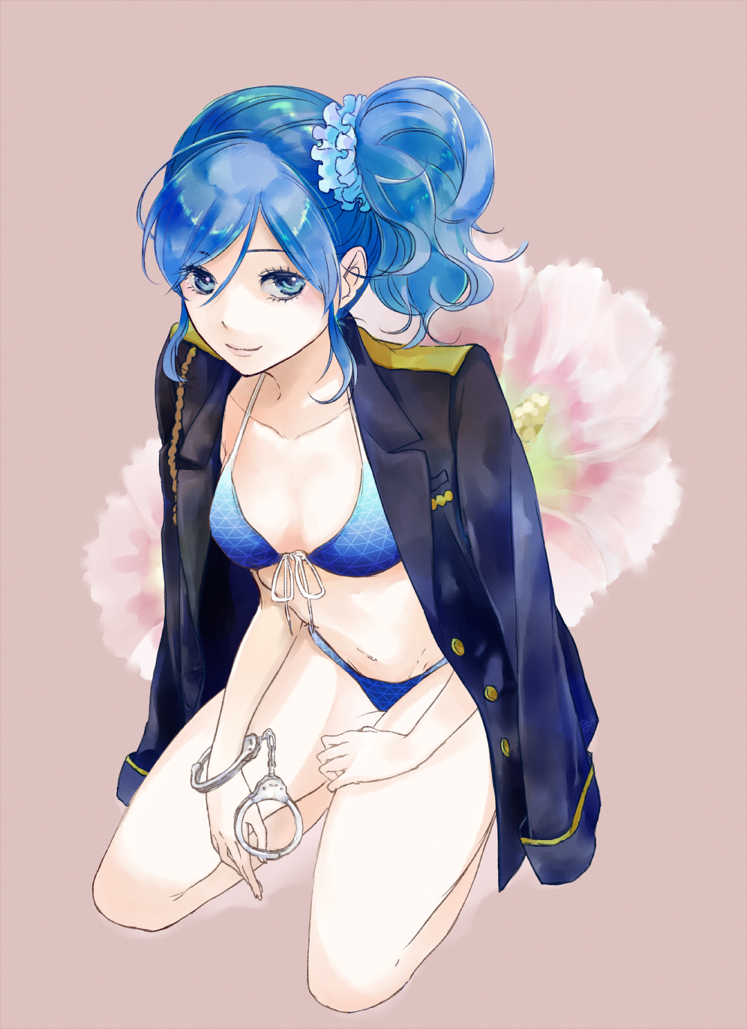10s, 1girl, aikatsu!, aikatsu!_(series), bad_id, bad_twitter_id, bikini, blue_bikini, blue_eyes, blue_hair, collarbone, cuffs, epaulettes, eyelashes, female_focus, flower, front-tie_bikini_top, front-tie_top, full_body, hair_between_eyes, handcuffs, jacket, jacket_on_shoulders, kiriya_aoi, kneeling, light_smile, looking_at_viewer, matching_hair/eyes, parted_bangs, pink_background, sarutonari, scrunchie, side_ponytail, solo, swimsuit, wavy_hair