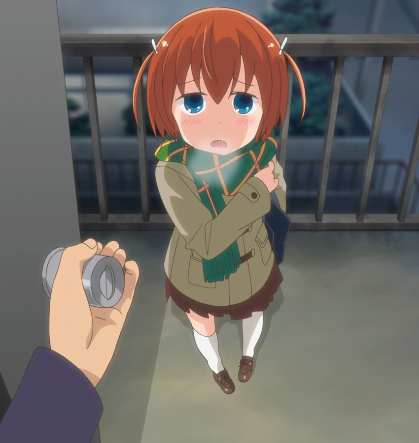 1girl, anime_screenshot, aqua_eyes, bag, breath, coat, denki-gai_no_hon'ya-san, doorknob