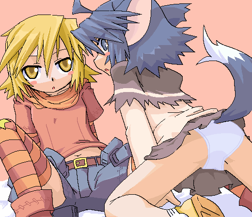 2girls, animal_ears, cosplay, costume_switch, dog_ears, dog_tail, minis, mof, multiple_girls, navel, oekaki, panties, striped_clothes, striped_legwear, striped_thighhighs, summon_night, tail, thighhighs, underwear, yuel_(summon_night)