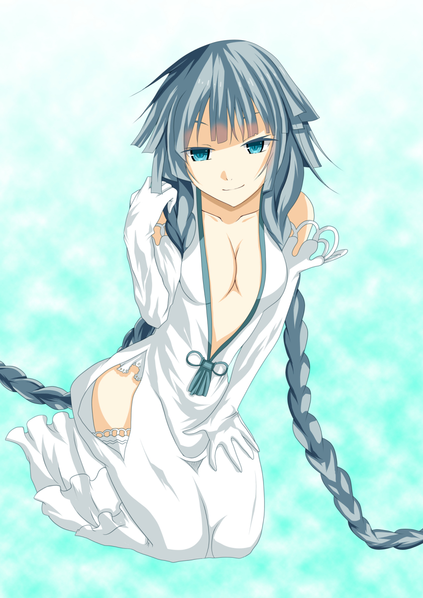 1girl, aqua_eyes, aqua_hair, ayasato_karen, braid, breasts, center_opening, cleavage