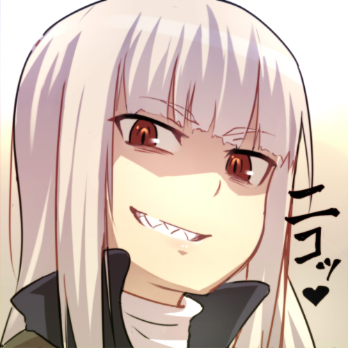 1girl, bags_under_eyes, blonde_hair, em_(totsuzen_no_hakike), female_focus, grete_m._gollob, grin, long_hair, lowres, military, military_uniform, orange_eyes, portrait, sharp_teeth, slit_pupils, smile, solo, strike_witches, teeth, upper_body, world_witches_series