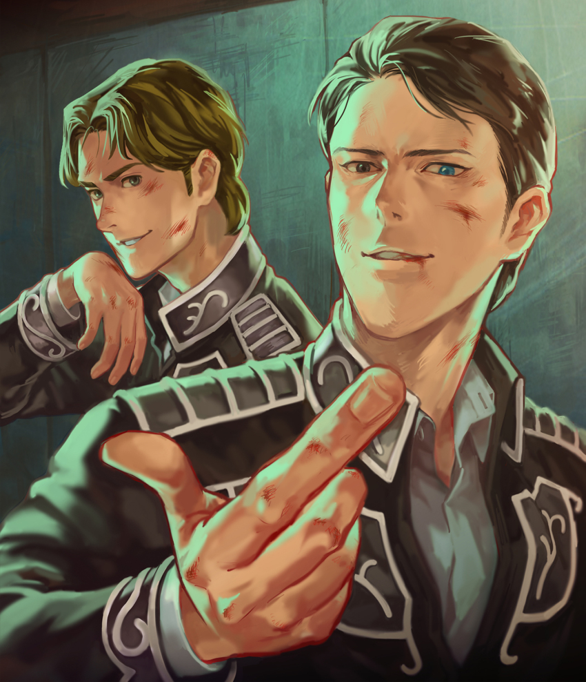 2boys, black_hair, blonde_hair, blood, ginga_eiyuu_densetsu, heterochromia, highres, injury