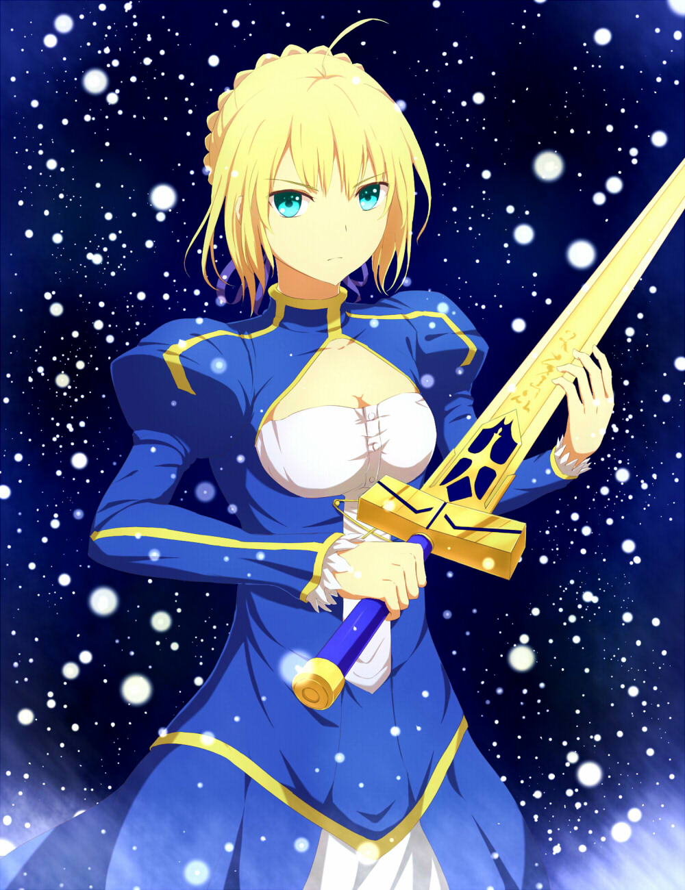 1girl, ahoge, artoria_pendragon_(fate), blonde_hair, dress, excalibur_(fate/stay_night), fate/stay_night, fate_(series)