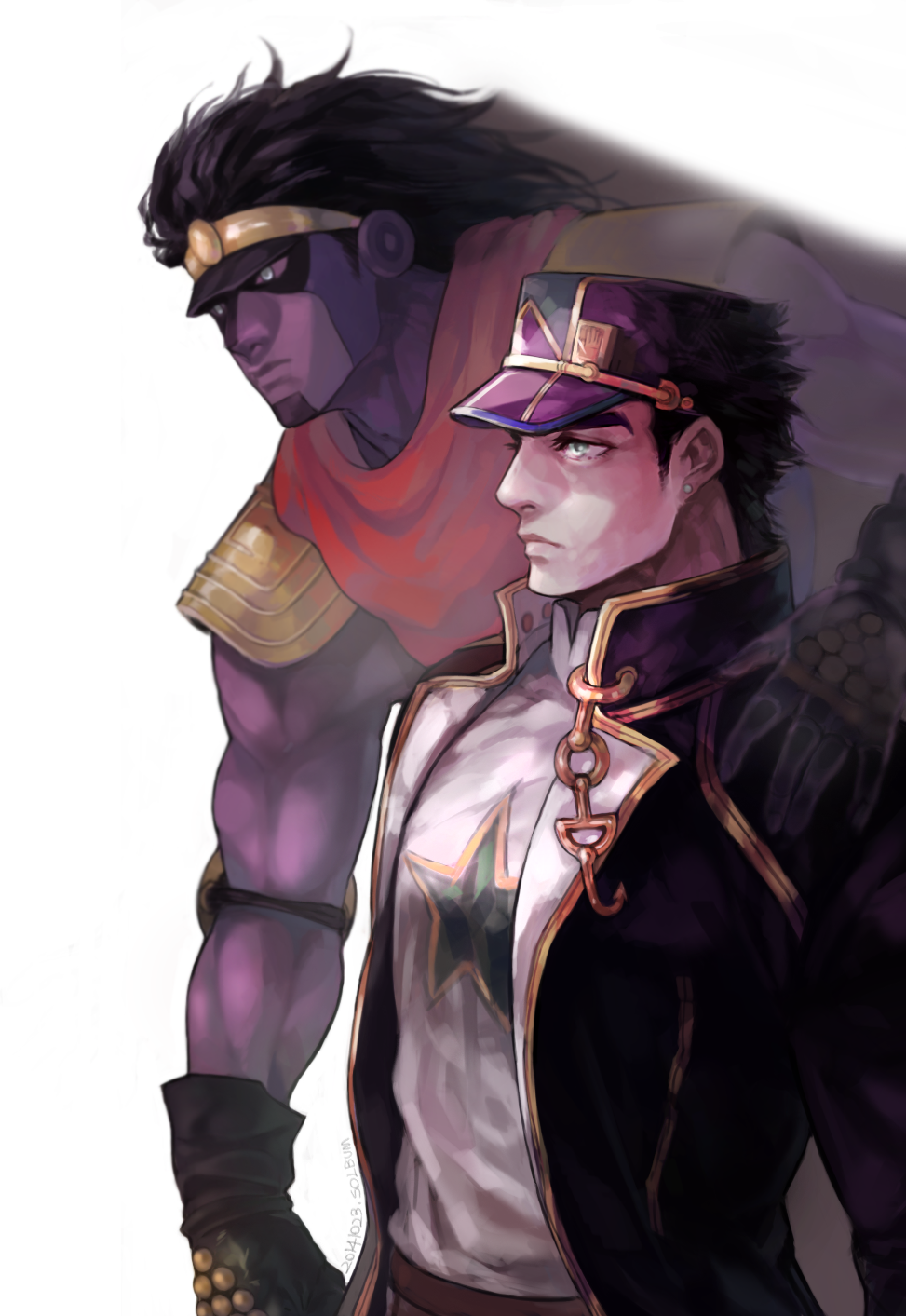 2boys, colored_skin, hat, highres, jojo_no_kimyou_na_bouken, kuujou_joutarou, multiple_boys, aged_up