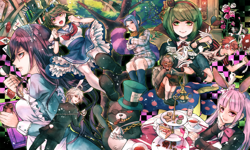 4boys, 4girls, ahoge, alice's_adventures_in_wonderland, alternate_costume, animal_ears, apron, ascot