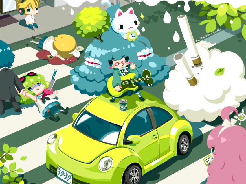 2boys, 4girls, ahoge, aqua_eyes, aqua_hair, artist_name, blonde_hair, blood, blush_stickers, can, car, cat, cellphone, chibi, cigarette, corpse, crosswalk, dripping, dying, glasses, green_hair, gumi, hairband, hatsune_miku, heart, highres, instrument, kagamine_len, kagamine_rin, kaito_(vocaloid), knife, leaf, long_hair, megurine_luka, motor_vehicle, multiple_boys, multiple_girls, music, no_nose, on_car, phone, pink_hair, playing_instrument, red-framed_eyewear, school_uniform, shadow, shirayuki_ginri, signature, sitting, skirt, smoking, socks, sparkle, tree, vocaloid, white_cat, x_x, yurufuwa_jukai_girl_(vocaloid)