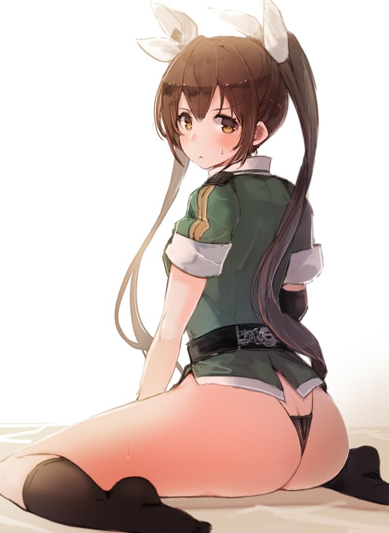 10s, 1girl, ass, belt, black_panties, black_socks, brown_hair, butt_crack