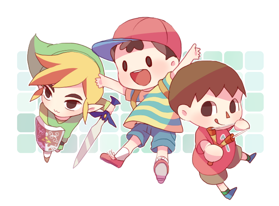 3boys, :3, animal_crossing, backpack, bag, black_eyes, blonde_hair, brown_eyes