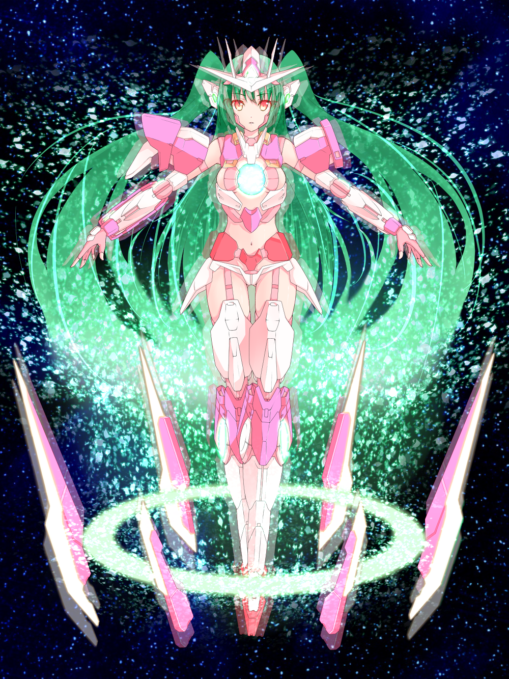 00_qan[t], 00s, 1girl, alternate_color, armor, armored_boots, boots, breasts, full_body, garter_belt, glowing, green_hair, gundam, gundam_00, highres, jewelry, long_hair, mecha_musume, navel, outstretched_arms, personification, pink_boots, ring, small_breasts, sparkle, thigh_boots, thighhighs, trans-am, uyu_(keyakinoki), very_long_hair