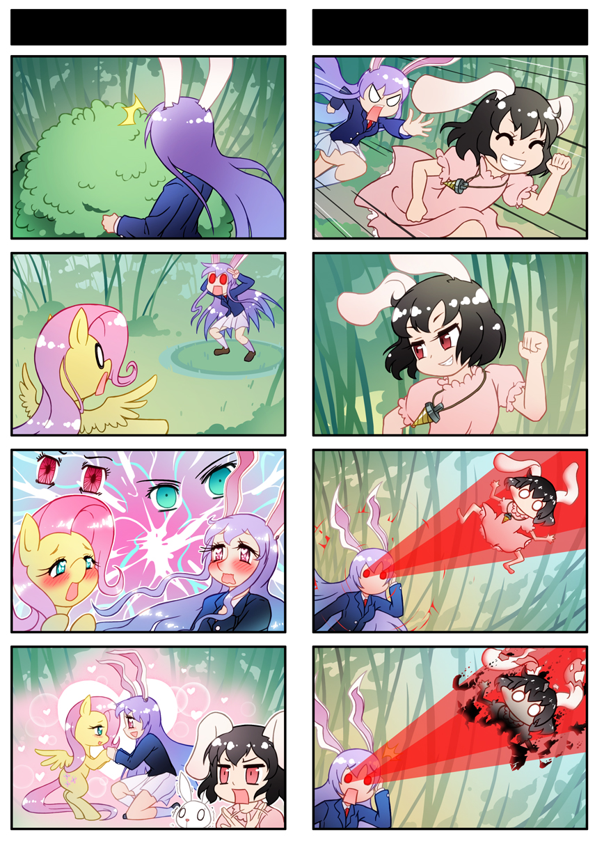 2girls, 4koma, ^_^, angel_bunny, animal_ears, black_hair, brown_eyes, chasing