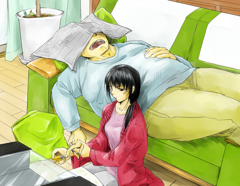 1boy, 1girl, anger_vein, araki_masako, black_hair, couch, kuroko_no_basuke, long_hair