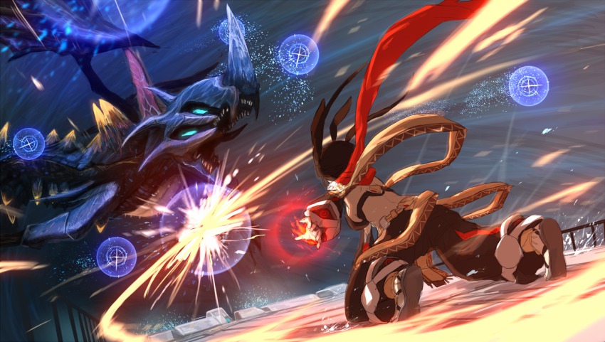 1girl, alph_lyla, animal_ears, bal_rodos, black_hair, female_focus, fighting, flaming_hand