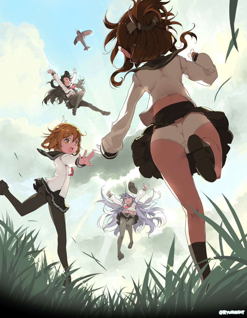 10s, 4girls, aircraft, airplane, akatsuki_(kancolle), arms_up, ass, black_hair