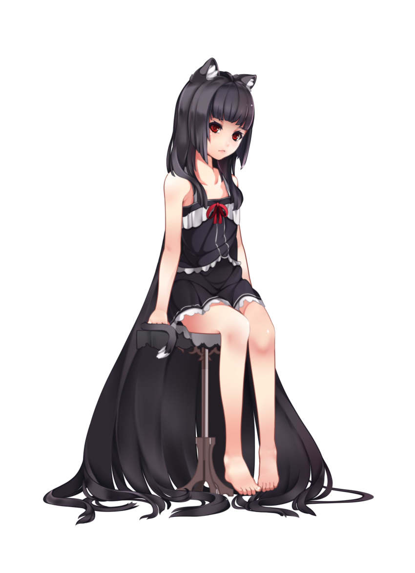 1girl, absurdres, animal_ears, bad_id, bad_pixiv_id, bare_shoulders, barefoot, black_hair