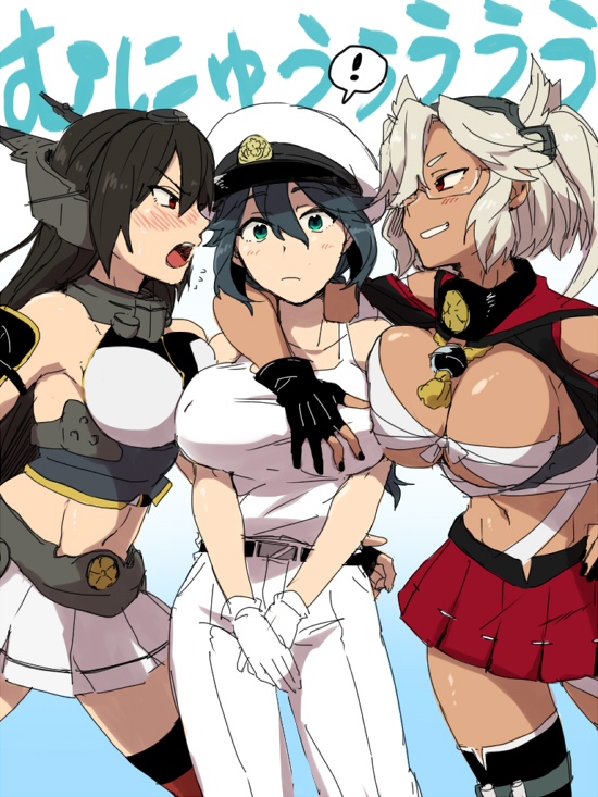 !, 10s, 3girls, bare_shoulders, black_hair, blonde_hair, blush, breasts