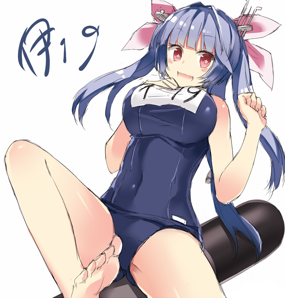 10s, 1girl, 501092-taka, :d, bare_legs, bare_shoulders, barefoot, blue_hair, blush, breasts, covered_navel, famg, fang, female_focus, hair_ornament, hair_ribbon, i-19_(kancolle), kantai_collection, large_breasts, looking_at_viewer, name_tag, open_mouth, red_eyes, ribbon, school_uniform, simple_background, smile, solo, star-shaped_pupils, star_(symbol), symbol-shaped_pupils, torpedo, tri_tails, white_background