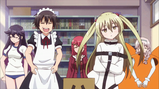 1boy, 4girls, andou_jurai, animated, animated_gif, bdsm, black_hair, blonde_hair