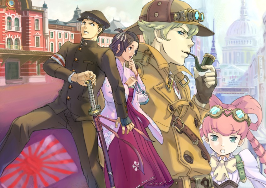 2boys, 2girls, ace_attorney, bad_id, bad_pixiv_id, black_hair, blonde_hair, brown_hair