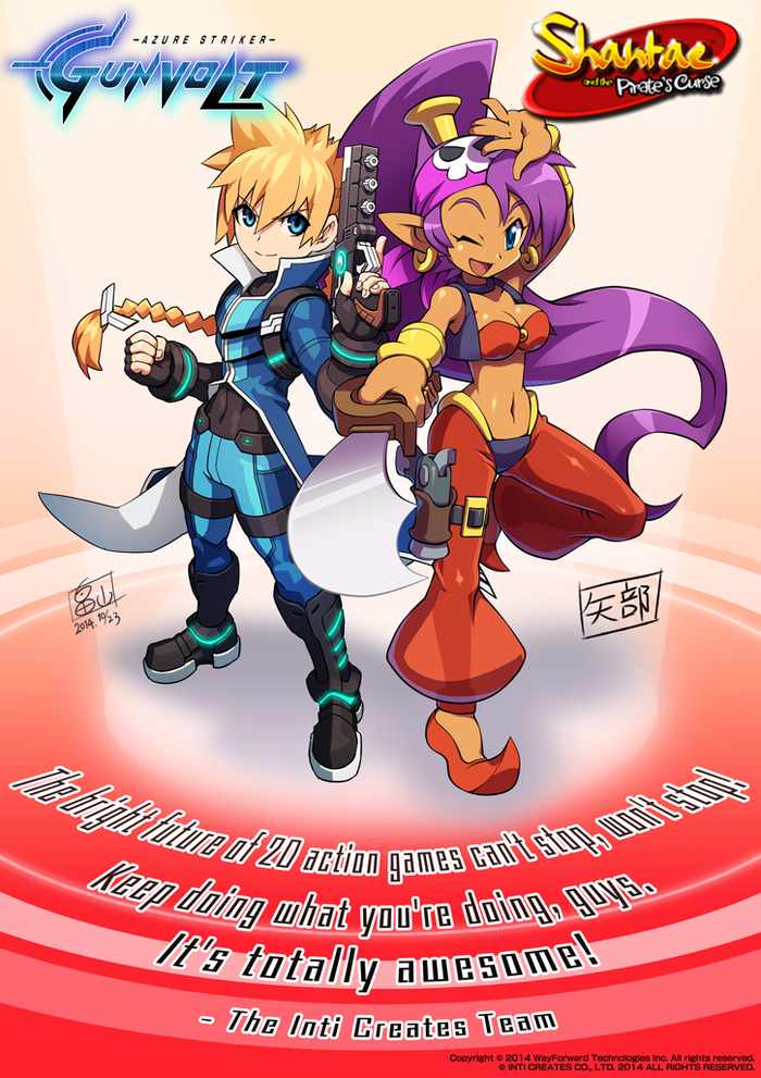 1boy, 1girl, artist_request, azure_striker_gunvolt, bandana, blonde_hair, blue_eyes, breasts, cleavage, crossover, dark_skin, earrings, gunvolt, hat, jewelry, looking_at_viewer, official_art, pirate_costume, pirate_hat, pointy_ears, ponytail, purple_hair, shantae, shantae_(series), sword, weapon
