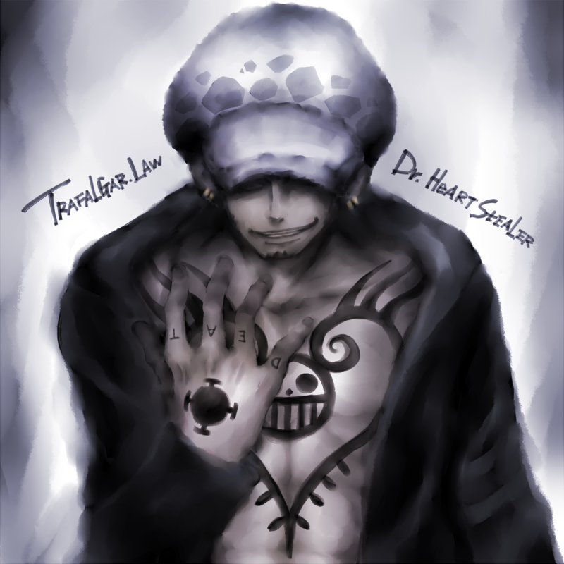 1boy, character_name, colt_stupid, doctor, earrings, facial_hair, goatee, hat, hat_over_eyes, jewelry, male_focus, one_piece, open_clothes, open_shirt, shirt, solo, tattoo, trafalgar_law