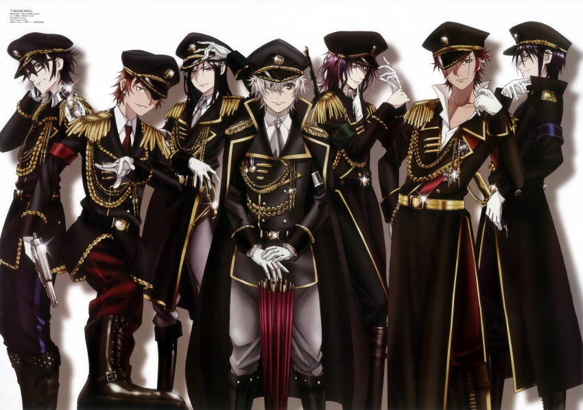 10s, 6+boys, absurdres, adolf_k._weismann, black_hair, earrings, epaulettes, fushimi_saruhiko
