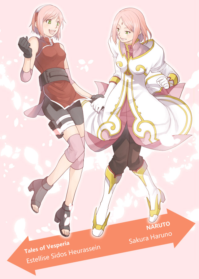 2girls, arrow_(symbol), bad_id, bad_pixiv_id, boots, character_name, coat, copyright_name, cosplay, costume_switch, estellise_sidos_heurassein, estellise_sidos_heurassein_(cosplay), facial_mark, forehead_mark, full_body, gloves, green_eyes, hairband, haruno_sakura, haruno_sakura_(cosplay), look-alike, multiple_girls, naruto:_the_last, naruto_(series), naruto_shippuuden, pants, pink_background, pink_hair, shirt, shoes, short_hair, shorts, sleeveless, sleeveless_shirt, smile, tales_of_(series), tales_of_vesperia, yuzuru