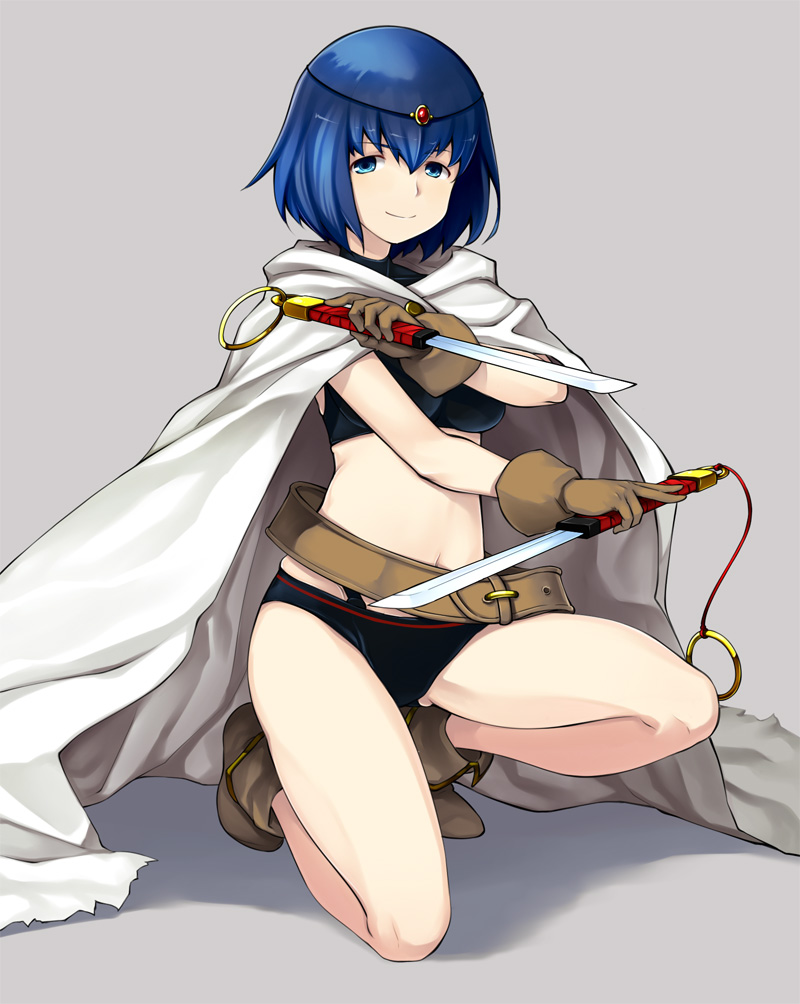 1girl, belt, blue_eyes, blue_hair, boots, breasts, cape, circlet