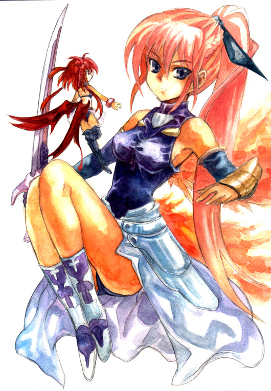 00s, 2girls, agito, agito_(fusion), agito_(nanoha), alternate_weapon, fiery_wings, fire