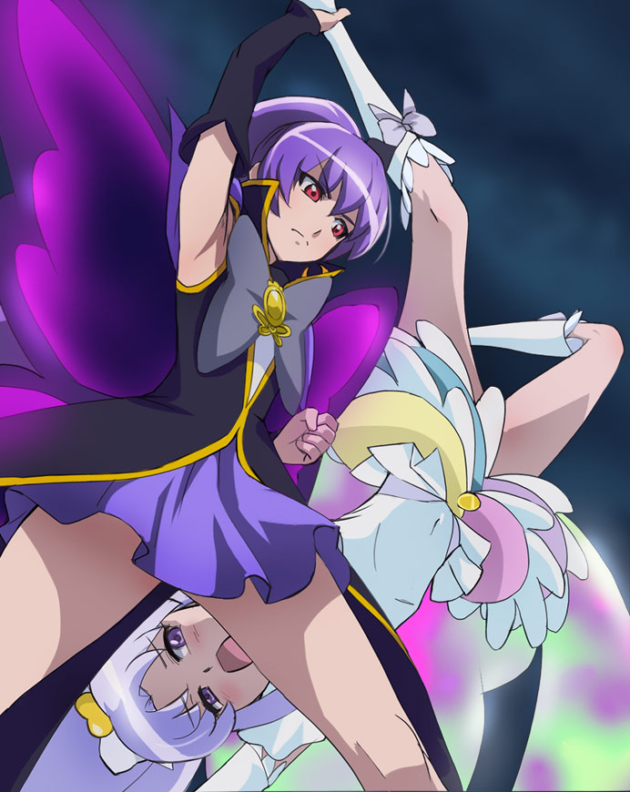 10s, 2girls, ankle_grab, arm_up, armpits, cure_fortune, cure_fortune_(innocent_form), cure_tender, happinesscharge_precure!, haruyama_kazunori, hikawa_iona, hikawa_maria, magical_girl, multicolored_skirt, multiple_girls, open_mouth, precure, purple_eyes, purple_hair, red_eyes, siblings, sisters, skirt, spoilers, wings