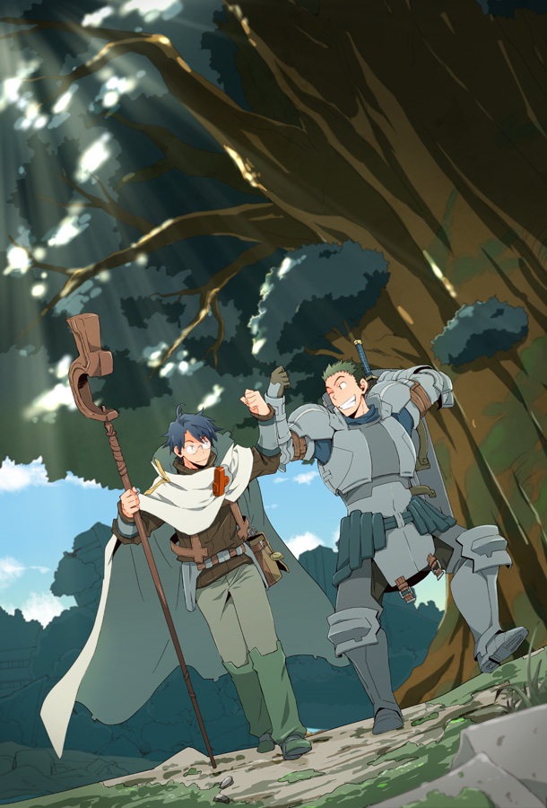 10s, 2boys, armor, cape, day, fist_bump, glasses, holding