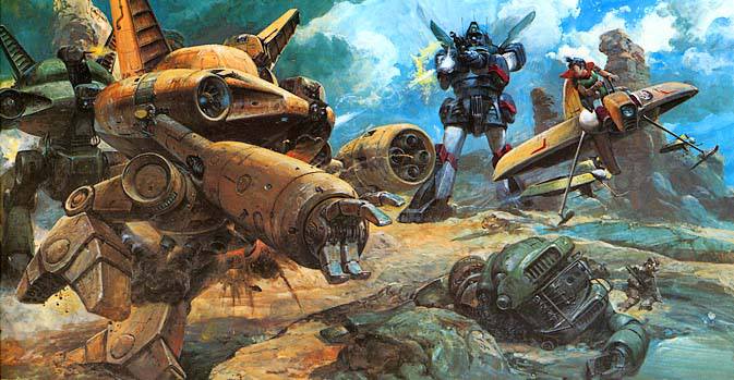 dugger, firing, gun, mecha, official_art, rag_uralo, realistic, robot, sentou_mecha_xabungle, smoke, takani_yoshiyuki, trad_11, weapon, xabungle_(mecha)