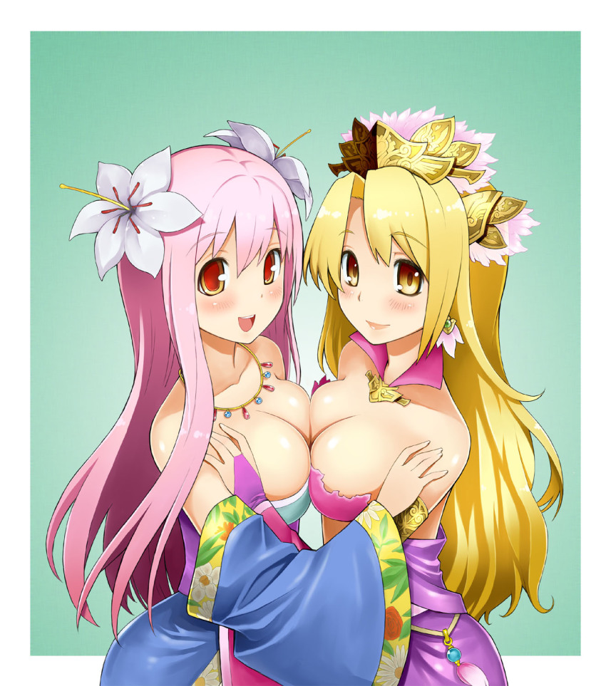 1girl, 2girls, armlet, blonde_hair, blush, breast_press, breasts, bridal_gauntlets, cleavage, crossover, earrings, flower, flower_on_head, hair_flower, hair_ornament, headdress, highres, jewelry, kankougou, large_breasts, long_hair, looking_at_viewer, multiple_girls, nitroplus, open_mouth, pink_hair, red_eyes, sangokushi_taisen, smile, super_sonico, symmetrical_docking, teruya_kazuhito, yellow_eyes