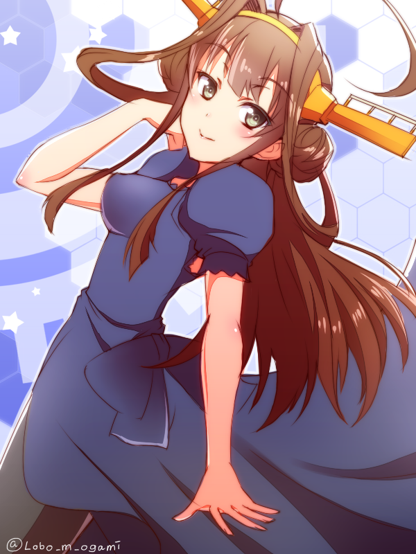 1girl, aoki_hagane_no_arpeggio, brown_eyes, brown_hair, cosplay, double_bun, dress, female_focus, hair_bun, hairband, kantai_collection, kongou_(aoki_hagane_no_arpeggio), kongou_(aoki_hagane_no_arpeggio)_(cosplay), kongou_(kancolle), long_hair, name_connection, ookami_maito, pantyhose, solo