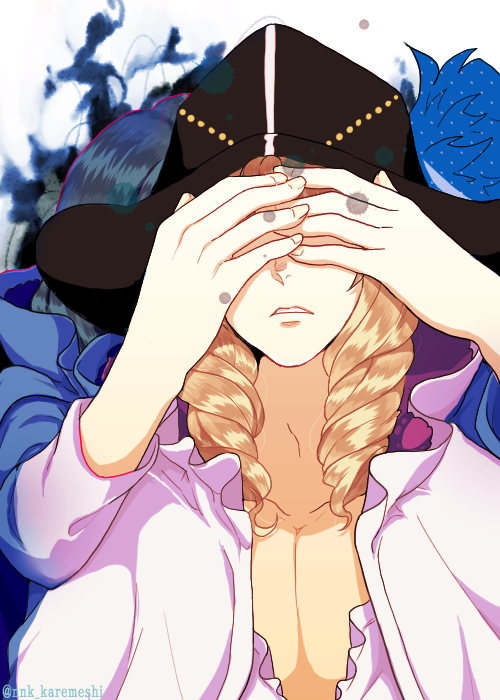 1boy, blonde_hair, cavendish_(one_piece), curry_gohan, dressrosa, dual_persona, hand_over_eyes, hat