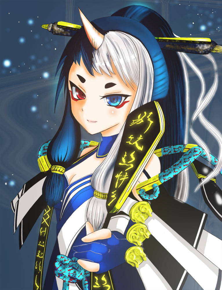 1girl, aqua_eyes, black_hair, eyeshadow, female_focus, fingerless_gloves, gloves, heterochromia