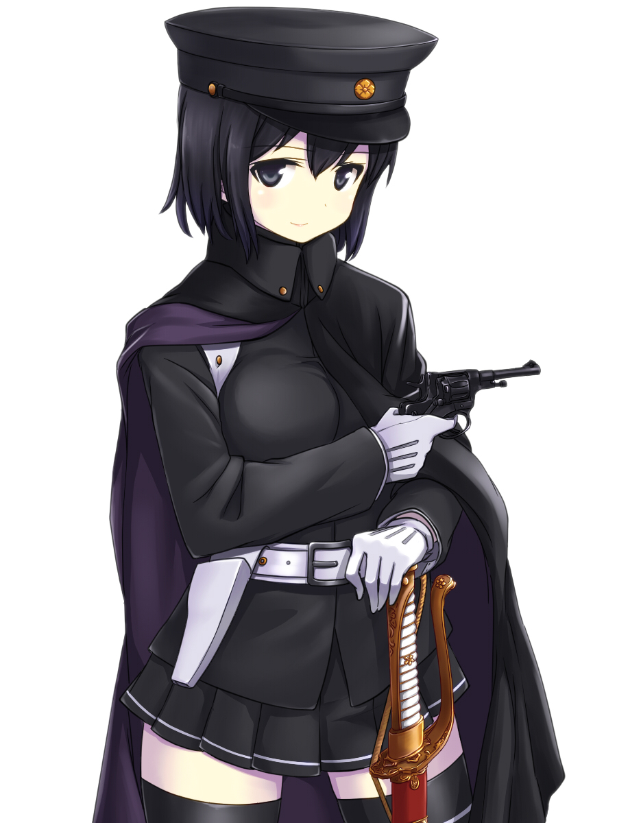 1girl, a9b_(louis814), akitsu_maru_(kancolle), belt, black_eyes, black_hair, breasts, cape