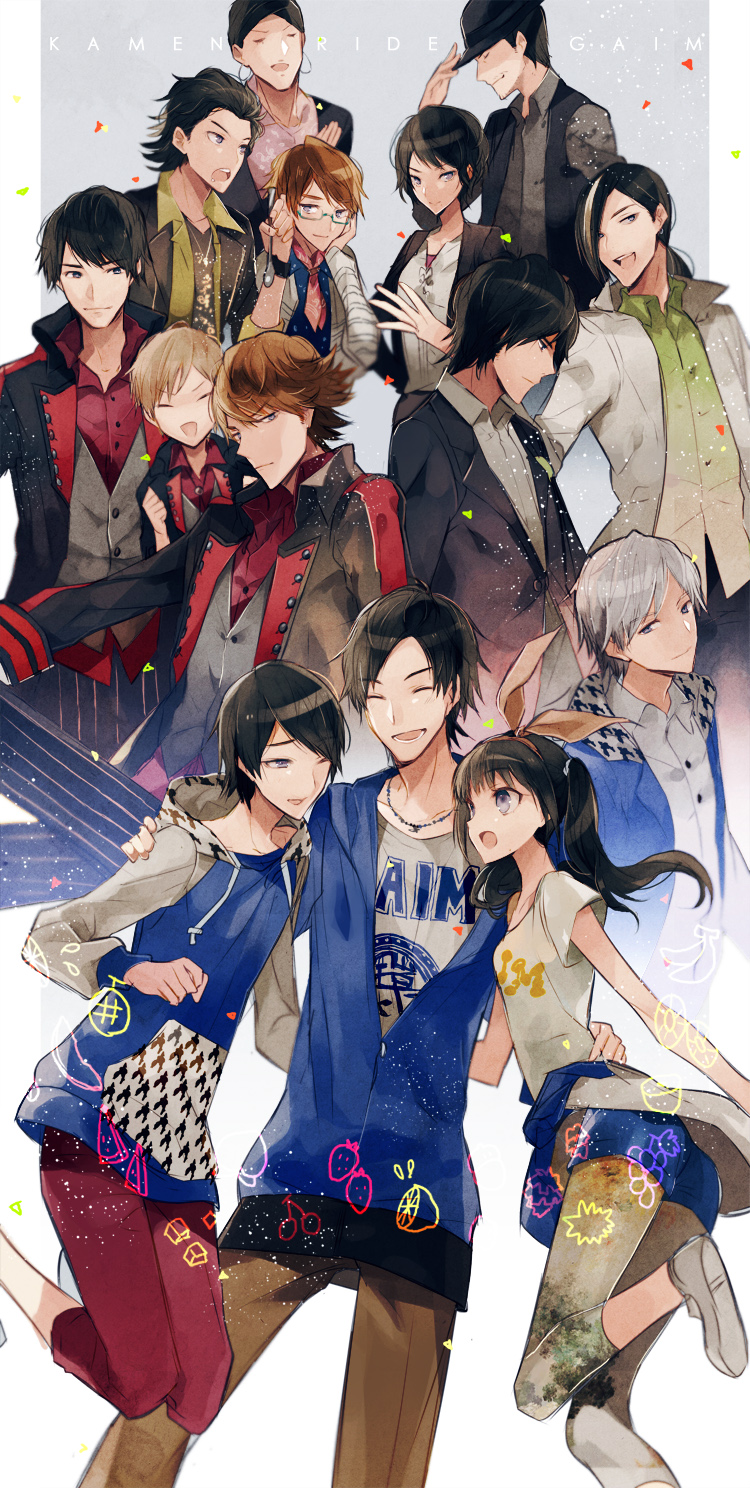 2girls, 6+boys, ^_^, black_hair, blonde_hair, brown_hair, closed_eyes, dress_shirt