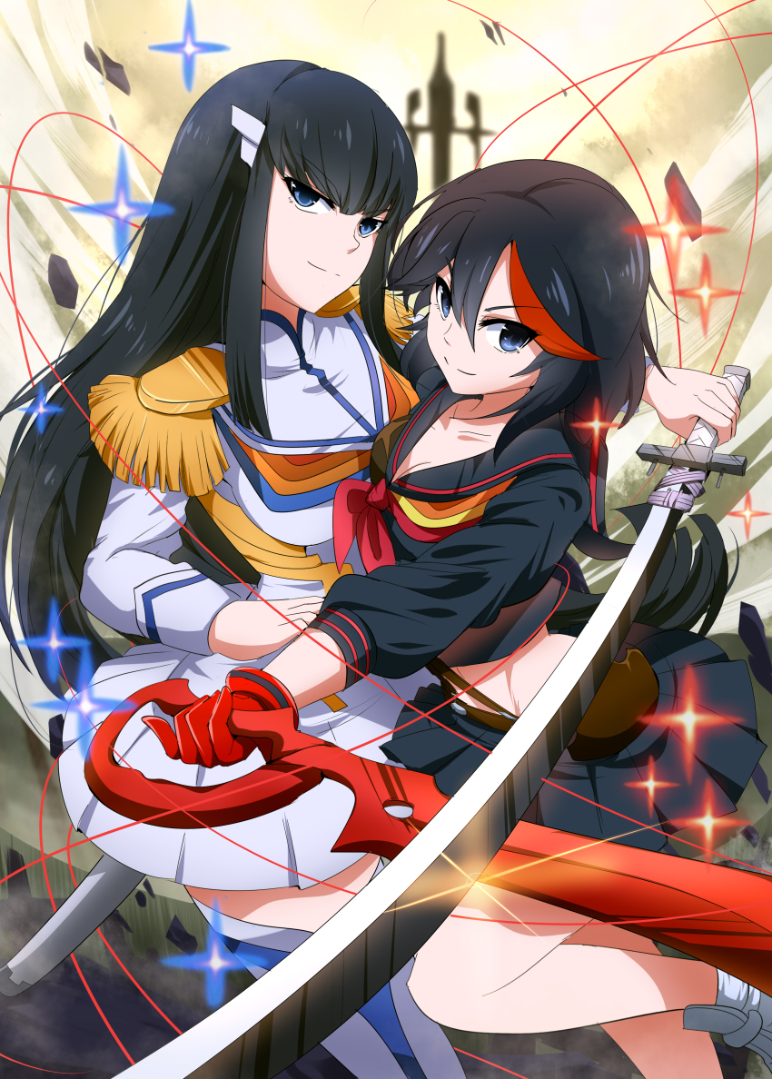 10s, 2girls, absurdres, bakuzan, black_hair, black_serafuku, blue_eyes, breasts
