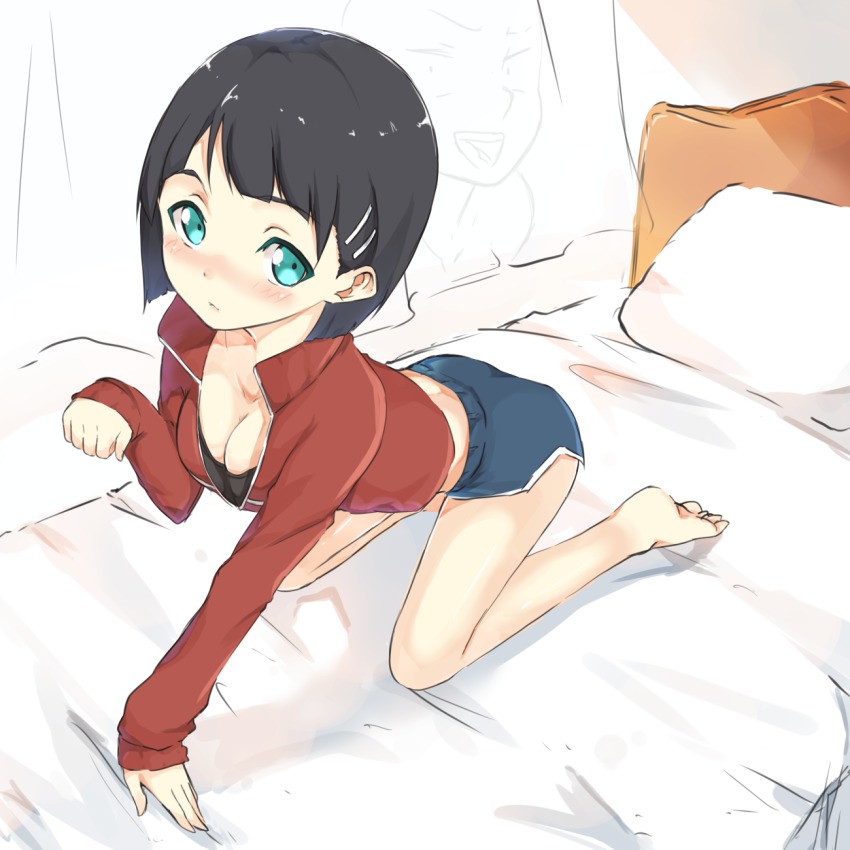 10s, 1girl, all_fours, aqua_eyes, bad_id, bad_pixiv_id, barefoot, bed