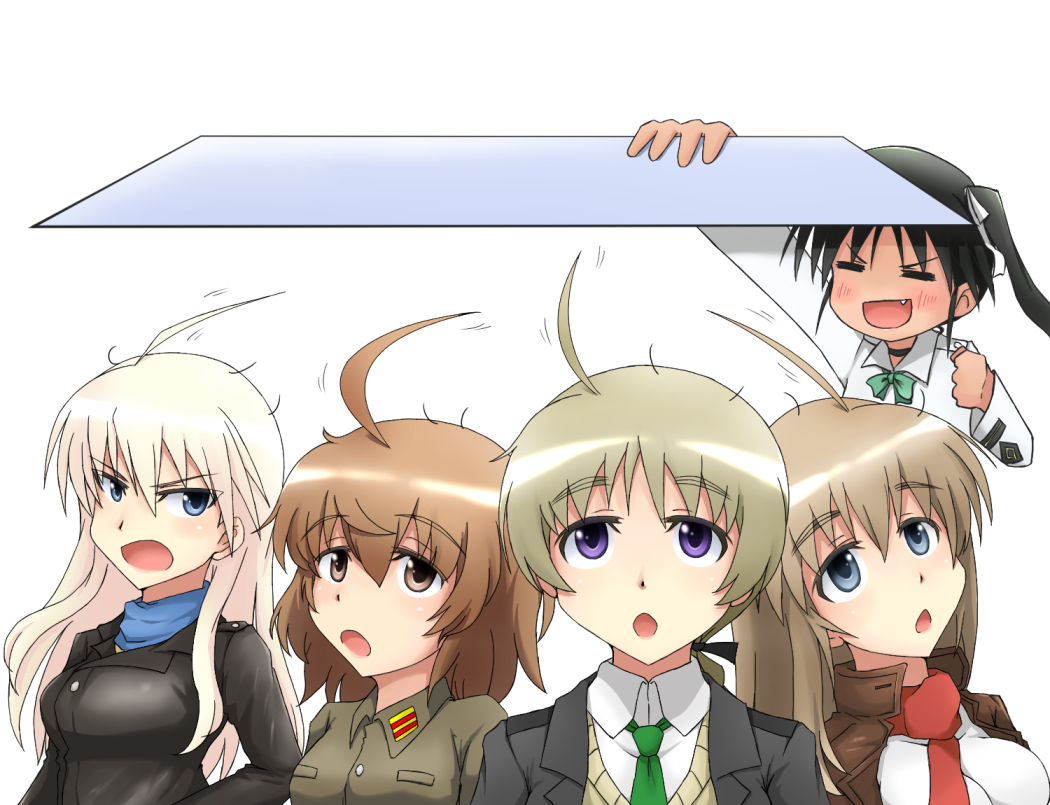 5girls, :d, :o, =_=, ahoge, black_hair, blonde_hair, blue_eyes