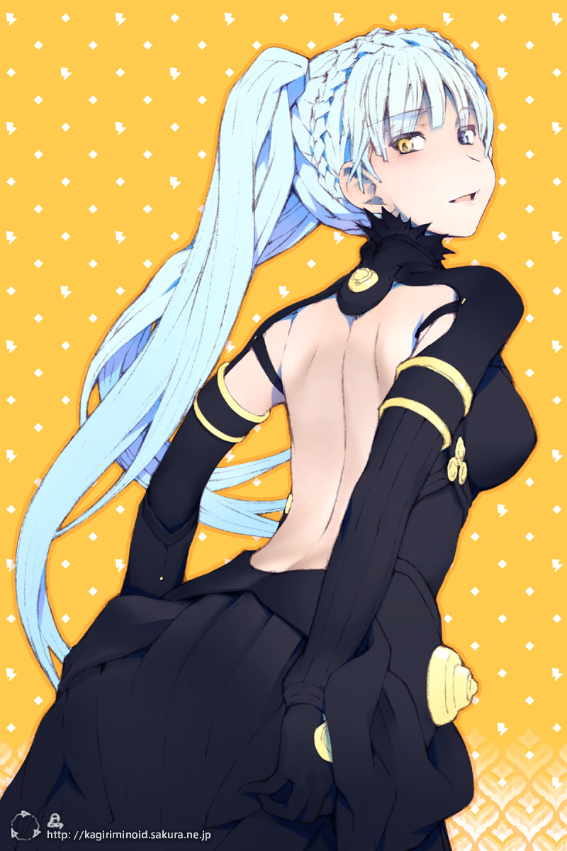 1girl, backless_dress, backless_outfit, black_dress, black_gloves, blue_eyes, blue_hair, braid, breasts, dress, emily_du_chatelet, female_focus, french_braid, gloves, heterochromia, high_ponytail, highres, long_hair, looking_back, matching_hair/eyes, orange_background, ourai_no_gahkthun, ponytail, smile, solo, steampunk_(liarsoft), takano_kou, watermark, web_address, yellow_eyes