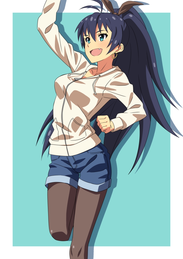 1girl, arm_up, black_hair, black_pantyhose, blue_eyes, blush, breasts, earrings