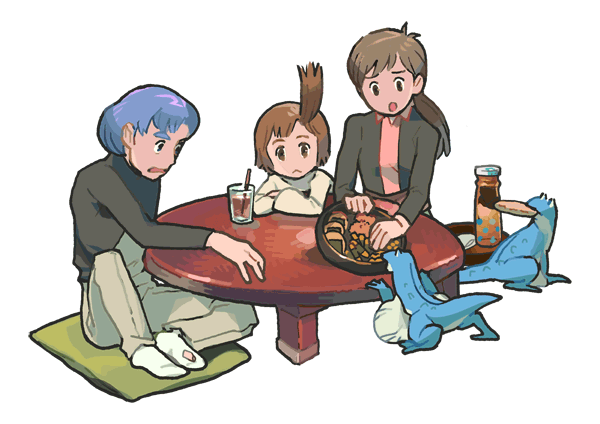 1boy, 2girls, animal, ashura_novak, blue_hair, brown_hair, densetsu_kyojin_ideon, drink