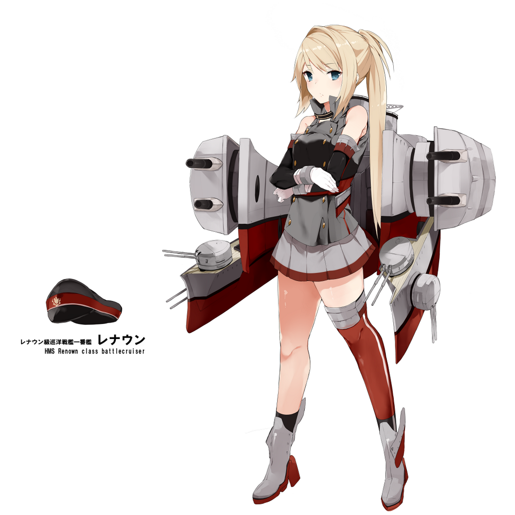 10s, 1girl, akiha_(attract), alternate_hairstyle, bad_id, bad_twitter_id, bismarck_(kancolle), blonde_hair, blue_eyes, cannon, crossed_arms, detached_sleeves, female_focus, full_body, hat, high_ponytail, hms_renown, kantai_collection, kskasutera, long_hair, missing_headwear, original, ponytail, renown, rigging, single_thighhigh, skirt, solo, standing, thighhighs, unworn_hat, unworn_headwear, white_background