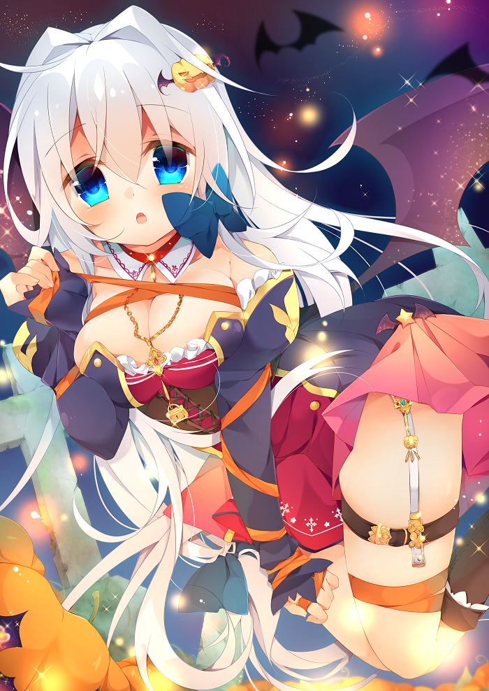 1girl, bad_id, bad_pixiv_id, bat_(animal), bat_wings, blue_eyes, breasts, cleavage