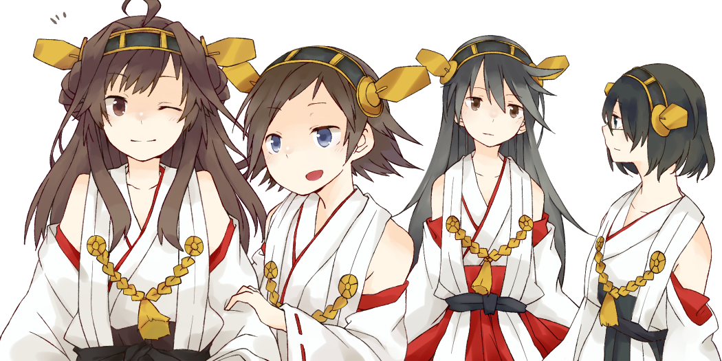 10s, black_hair, blue_eyes, brown_eyes, brown_hair, glasses, hairband, haruna_(kancolle)