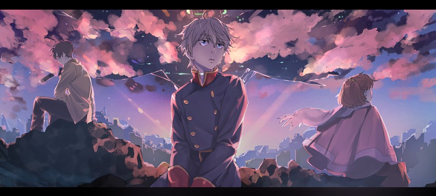 10s, 1girl, 2boys, aldnoah.zero, asseylum_vers_allusia, bad_id, bad_pixiv_id, brown_hair, city, cloud, green_eyes, highres, kaizuka_inaho, landing_castle, letterboxed, military, military_uniform, multiple_boys, scenery, school_uniform, short_hair, silver_hair, sky, slaine_troyard, takaraizu