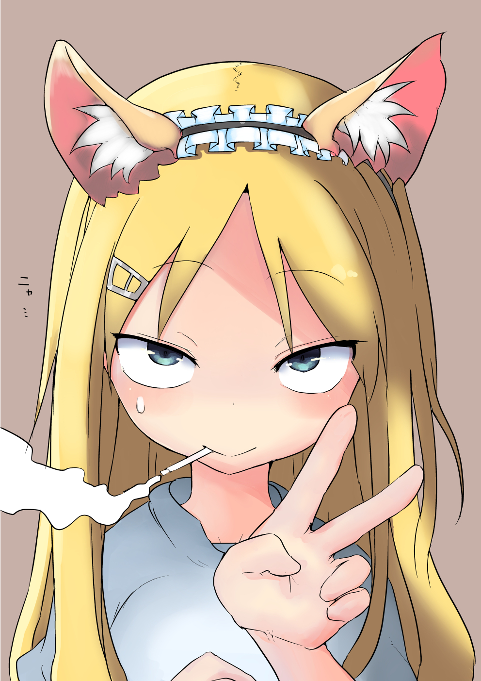 10s, 1girl, animal_ears, blonde_hair, blue_eyes, cat_ears, cigarette, cool-kyou_shinja