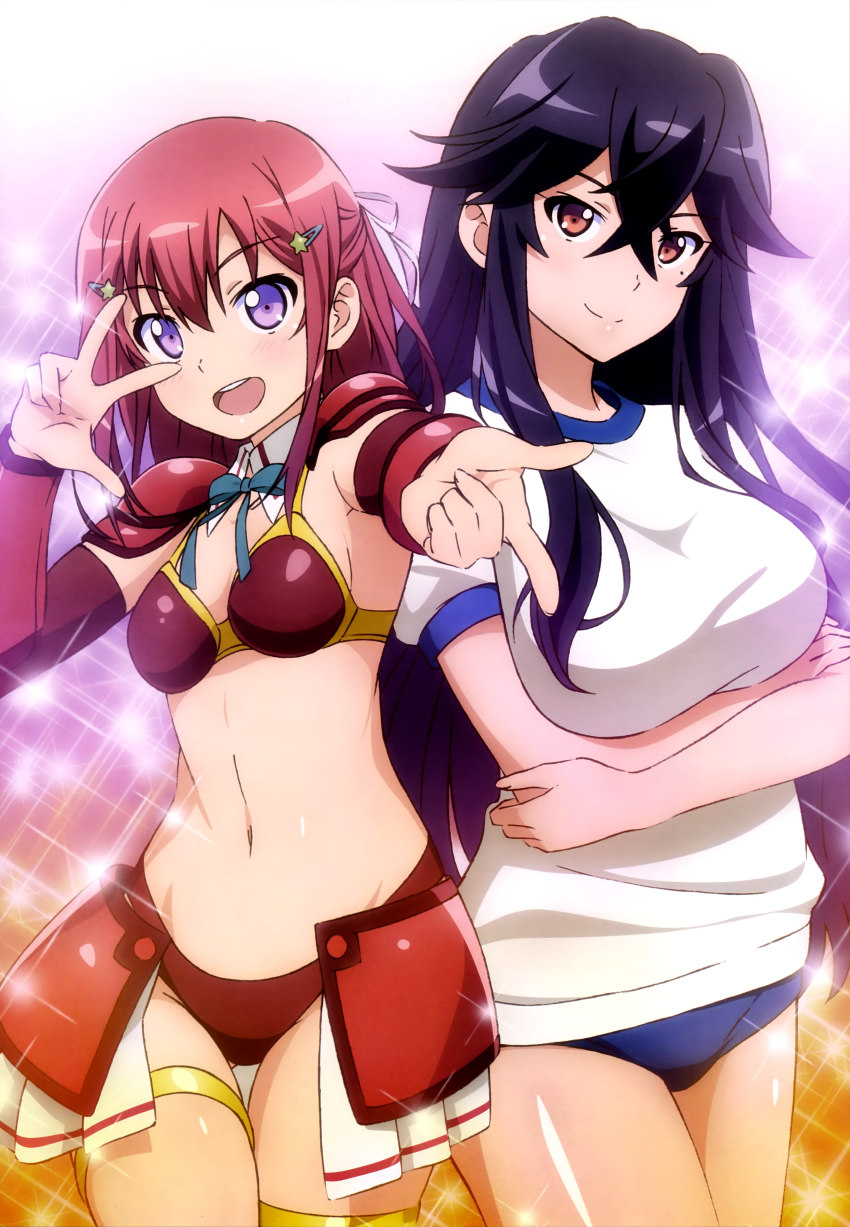 10s, 2girls, :d, absurdres, armor, bikini, bikini_armor, black_hair