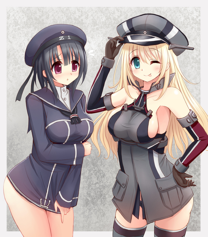 2girls, ;p, akisame_rizu, alternate_costume, aqua_eyes, atago_(kancolle), bare_shoulders, bismarck_(kancolle), bismarck_(kancolle)_(cosplay), black_hair, blonde_hair, breasts, clothes_writing, cosplay, covering_crotch, covering_privates, hat, kantai_collection, large_breasts, long_hair, looking_at_viewer, md5_mismatch, multiple_girls, one_eye_closed, peaked_cap, purple_eyes, sailor_hat, short_hair, sideboob, takao_(kancolle), thighhighs, tongue, tongue_out, z1_leberecht_maass_(kancolle), z1_leberecht_maass_(kancolle)_(cosplay)